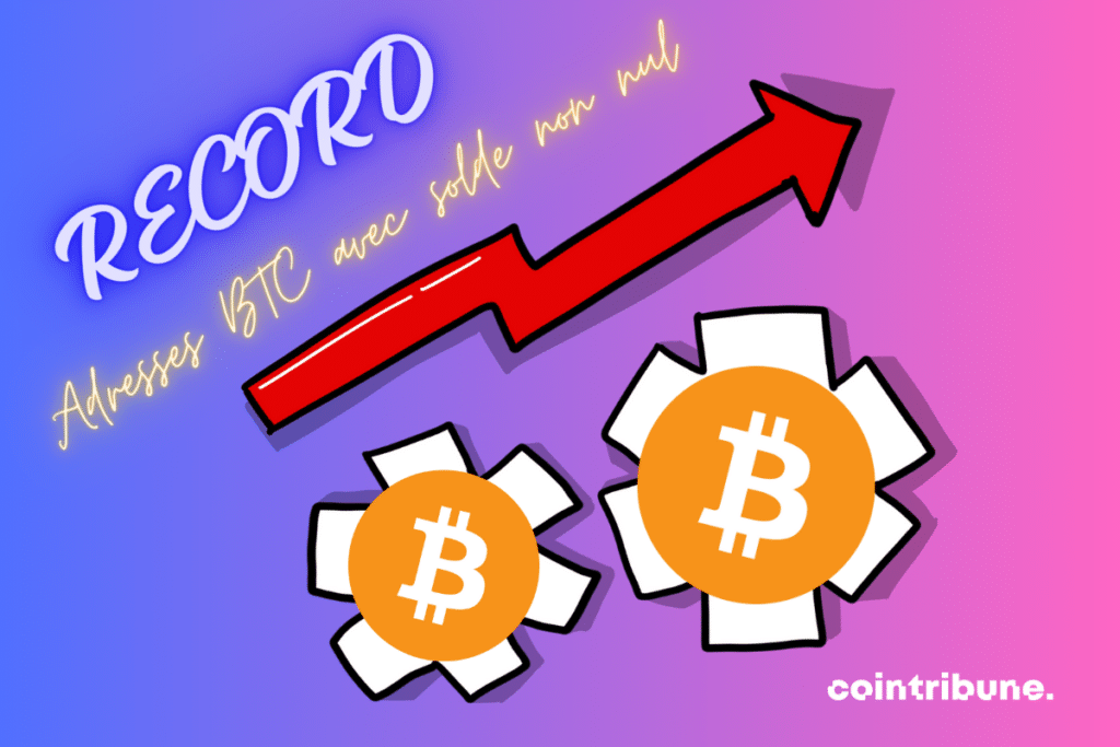 Development vector, bitcoin logos, mention "Record BTC addresses with non-zero balance".