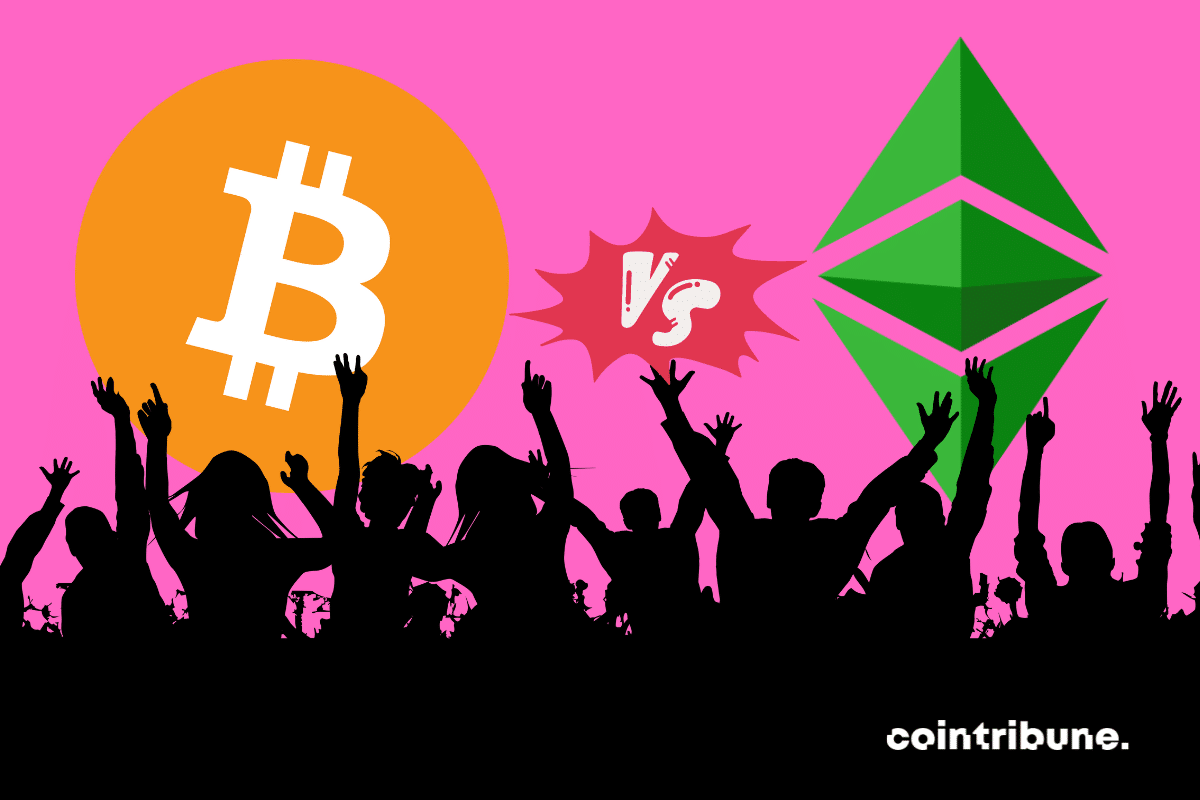 Photo de foule, logos de bitcoin et d'ethereum, icône VS