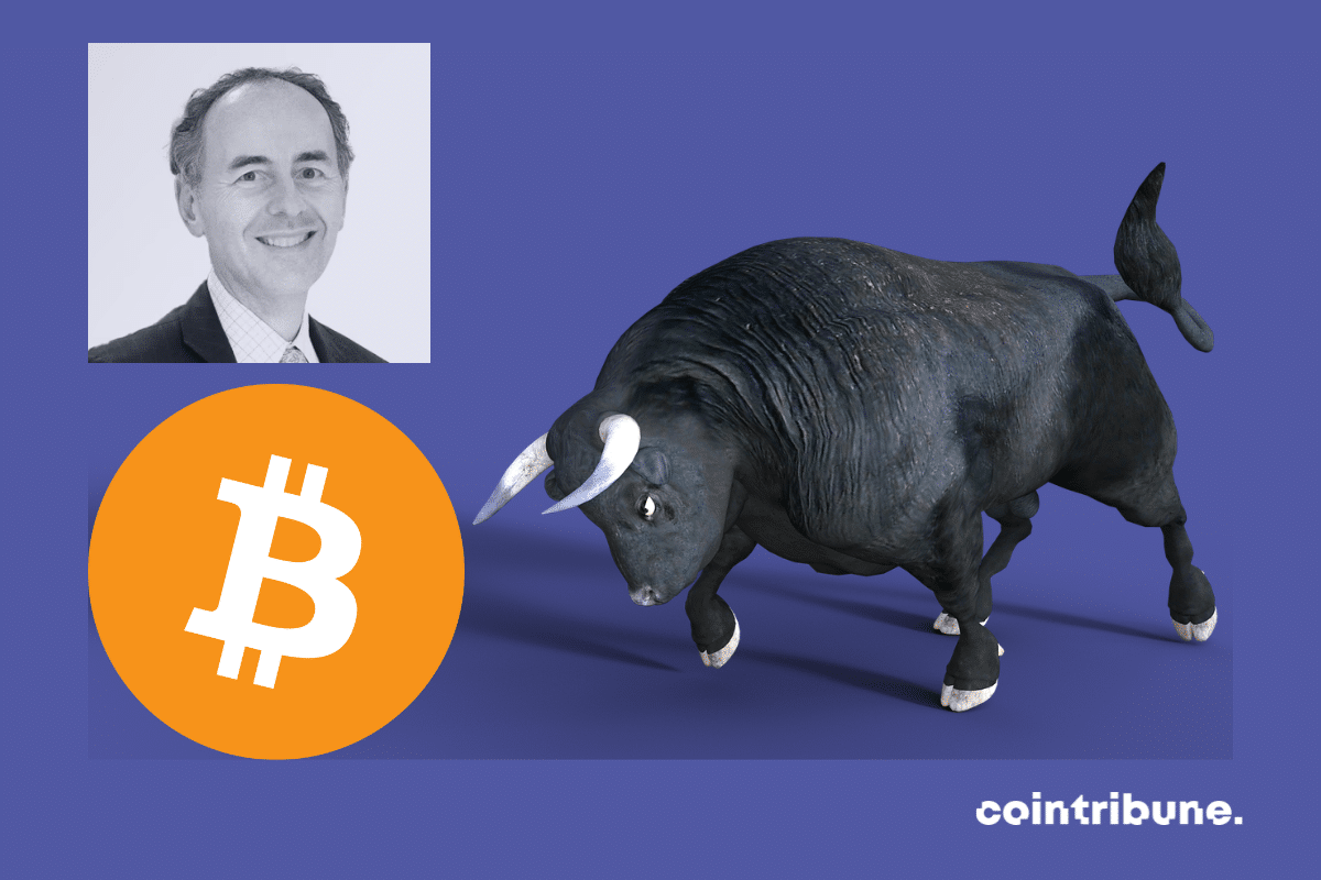 Photos of bull and Jan van Eck, bitcoin logo