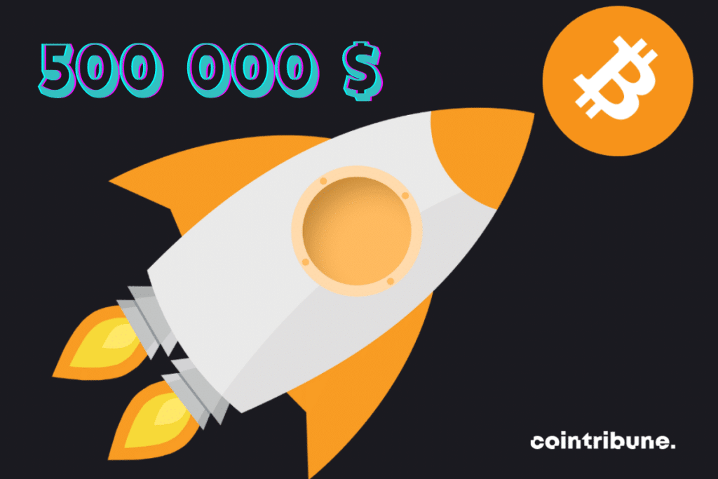 Icône fusée, logo bitcoin et mention "500 000 $"