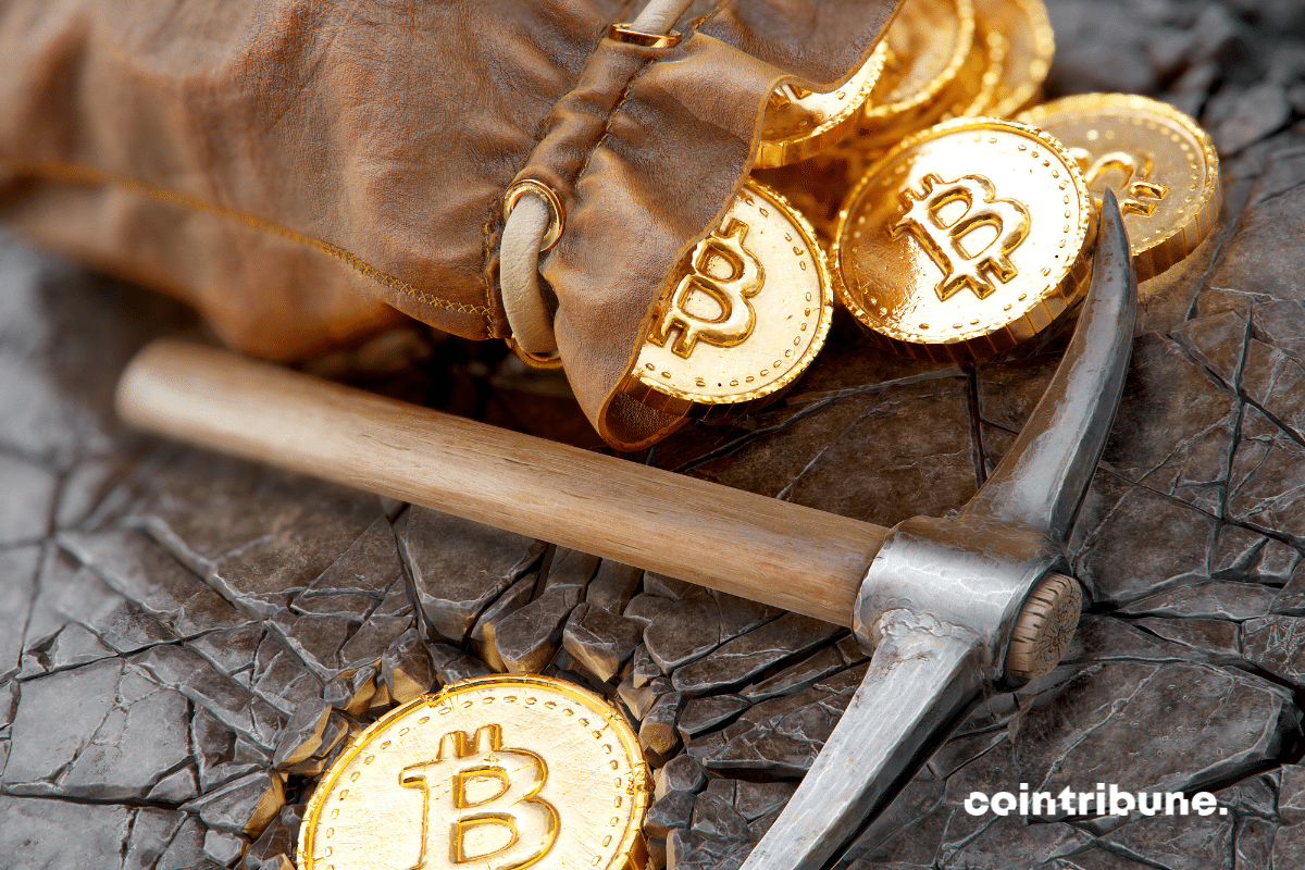Une bourse contenant des pièces de bitcoin et un marteau
