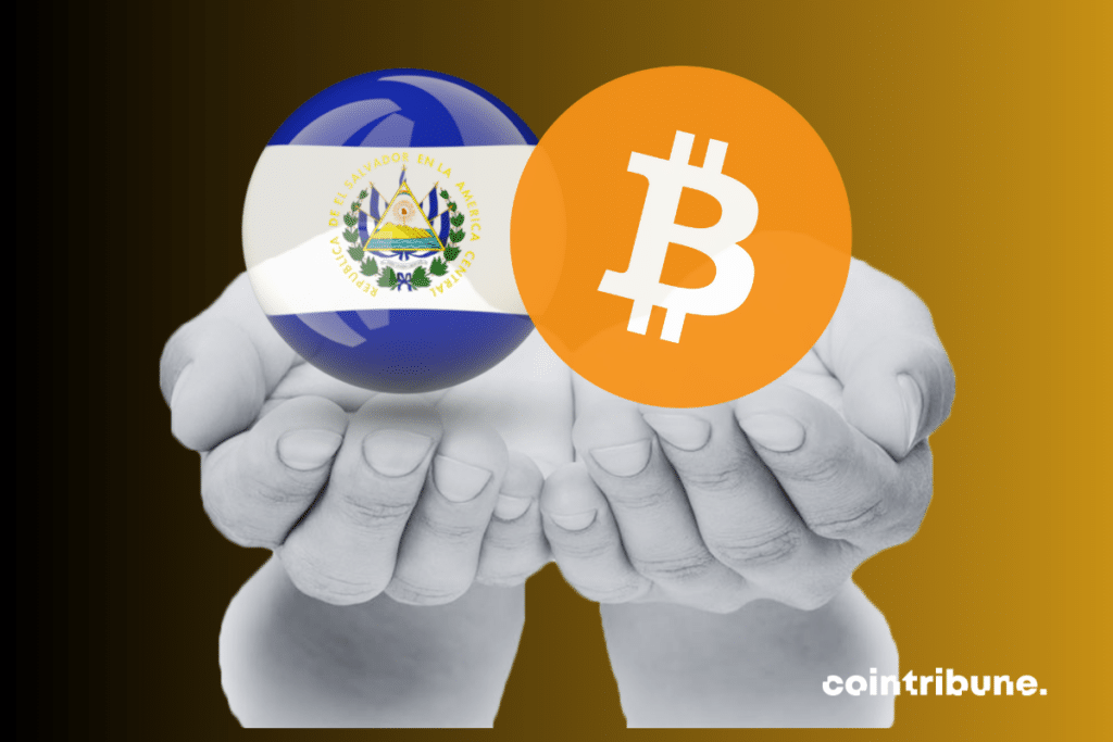 Photo de mains ouvertes, logo de bitcoin et drapeau du Salvador