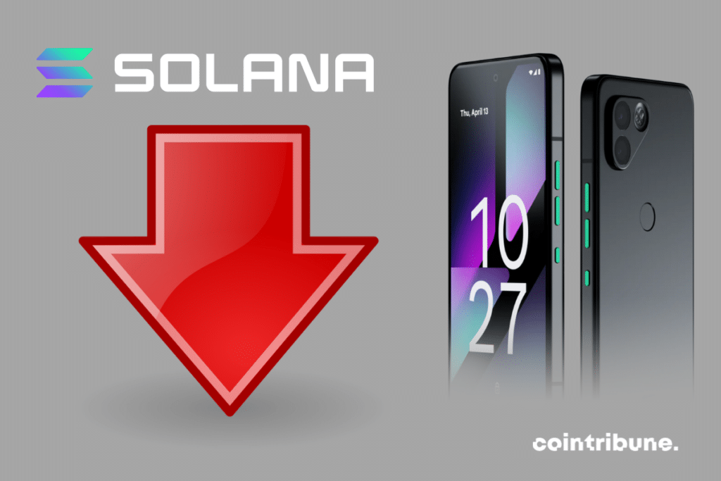 Photo du smartphone Saga, logo de Solana, vecteur de baisse