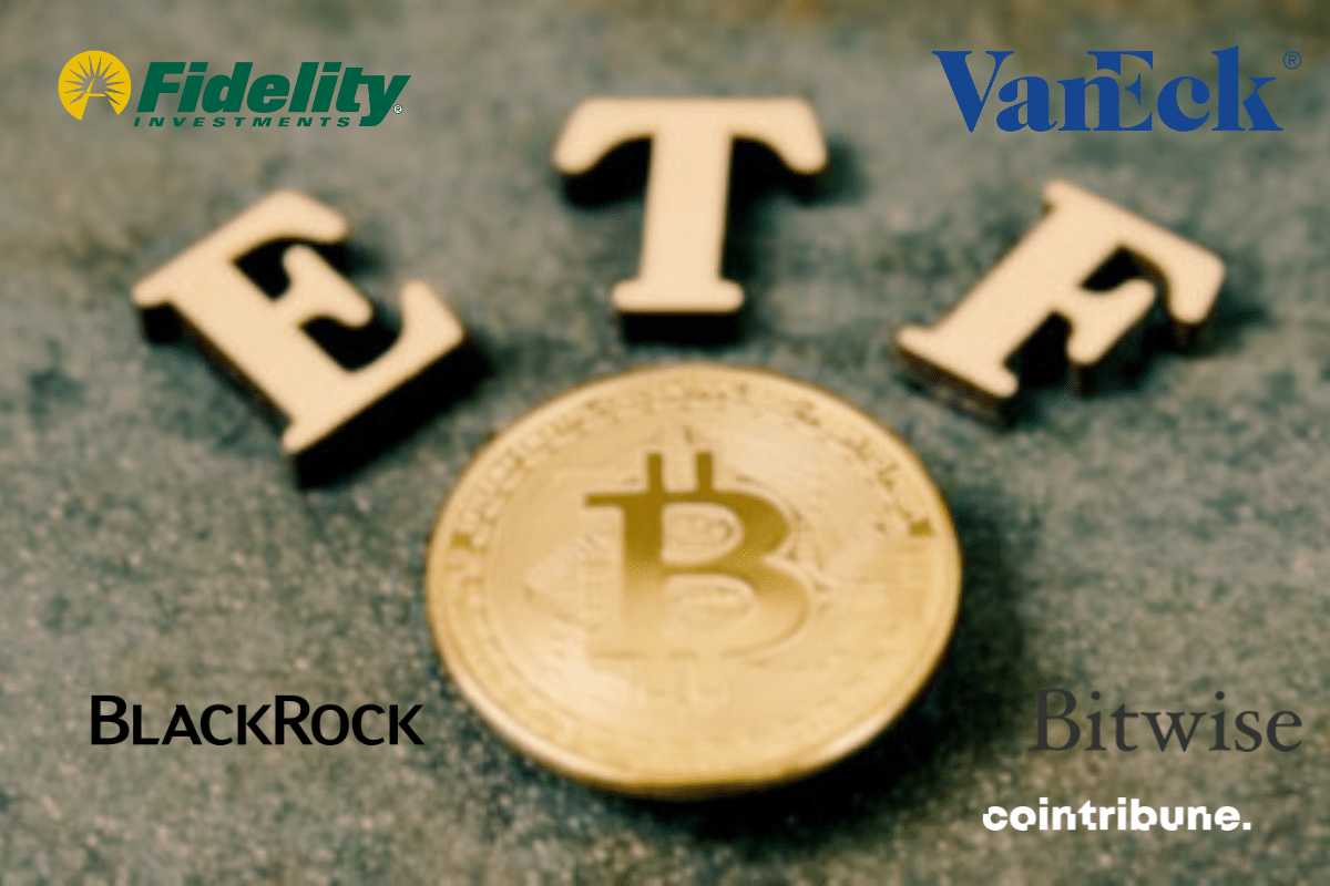 Vecteur ETF Bitcoin, Logos de Fidelity, BlackRock, VanEck et Bitwise