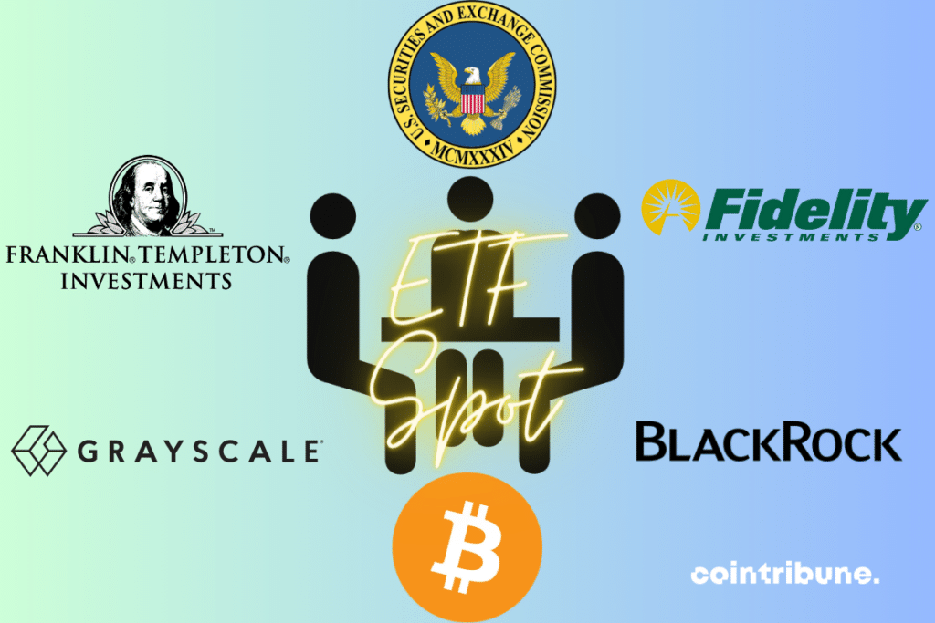 Icône réunion, logos de la SEC, de Bitcoin, de Franklin Templeton, de Fidelity, de BlackRock et de Grayscale, mention "ETF Spot"