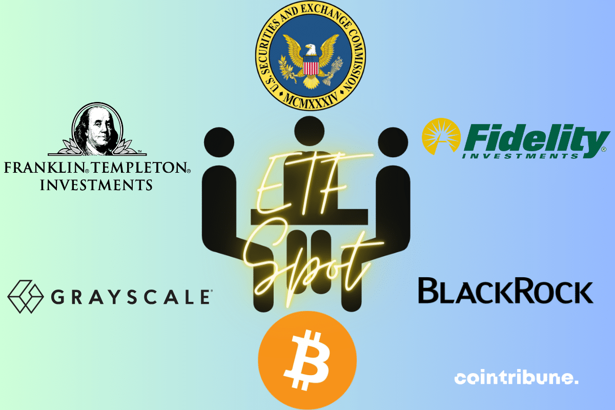 Reunion icon, SEC, Bitcoin, Franklin Templeton, Fidelity, BlackRock and Grayscale logos, "ETF Spot" mention