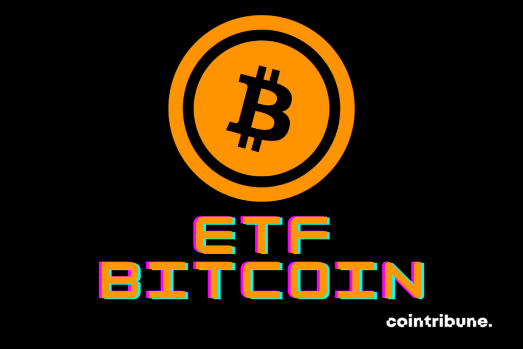 Une pièce de bitcoin suivie de la mention "ETF Bitcoin"