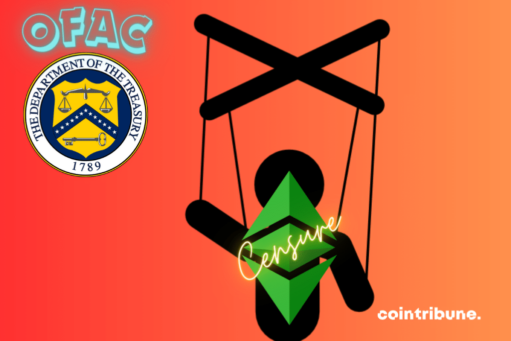 Puppet icon, Ethereum and US Treasury Department logos, “censorship” and “OFAC” mentions