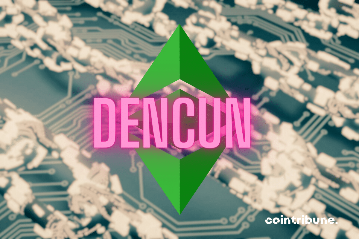 Vecteur blockchain, logo d'Ethereum, mention "Dencun"