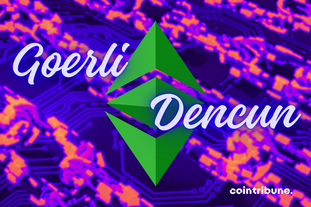 Vecteur blockchain, logo d'Ethereum, mentions "Goerli" et "Dencun"
