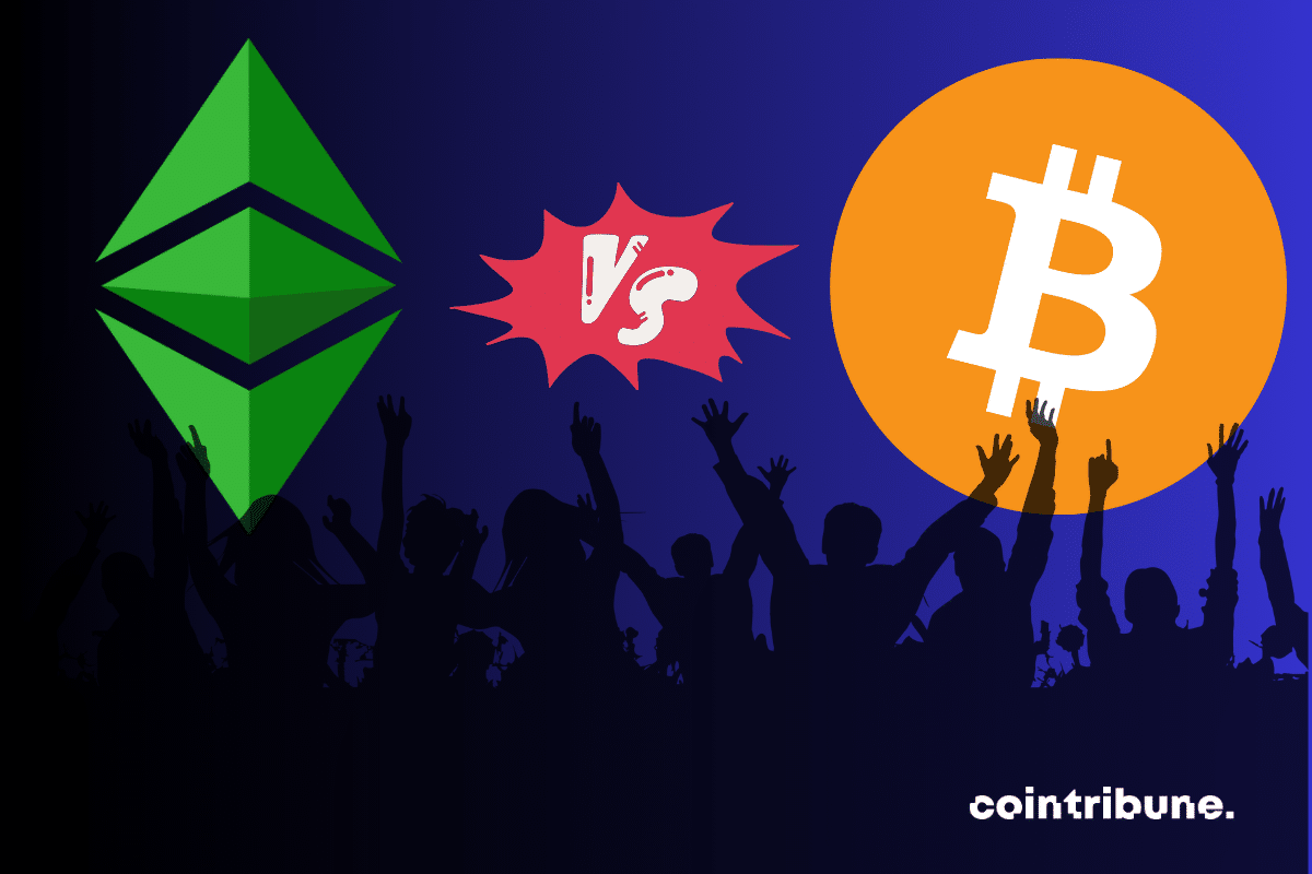 Photo de foule, logos de Bitcoin et d'Ethereum, icône VS