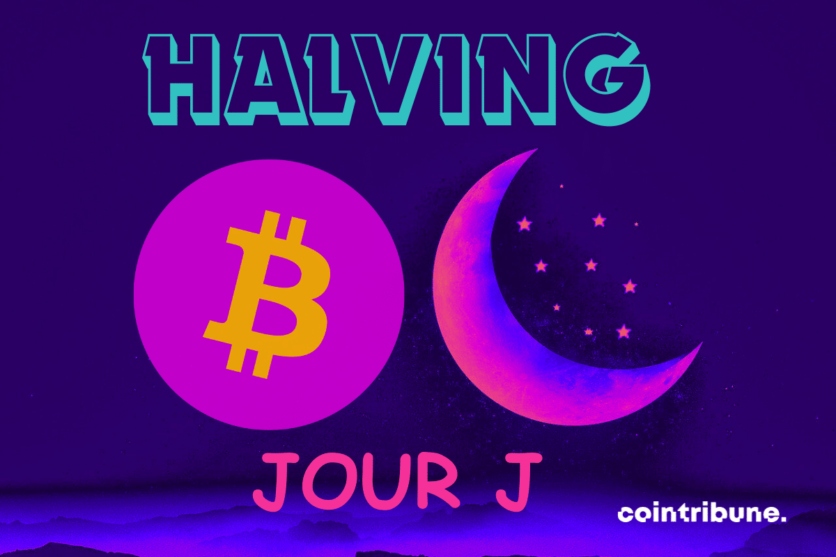 Illustration de quart de lune et logo Bitcoin avec mention "Halving" et "Jour J"