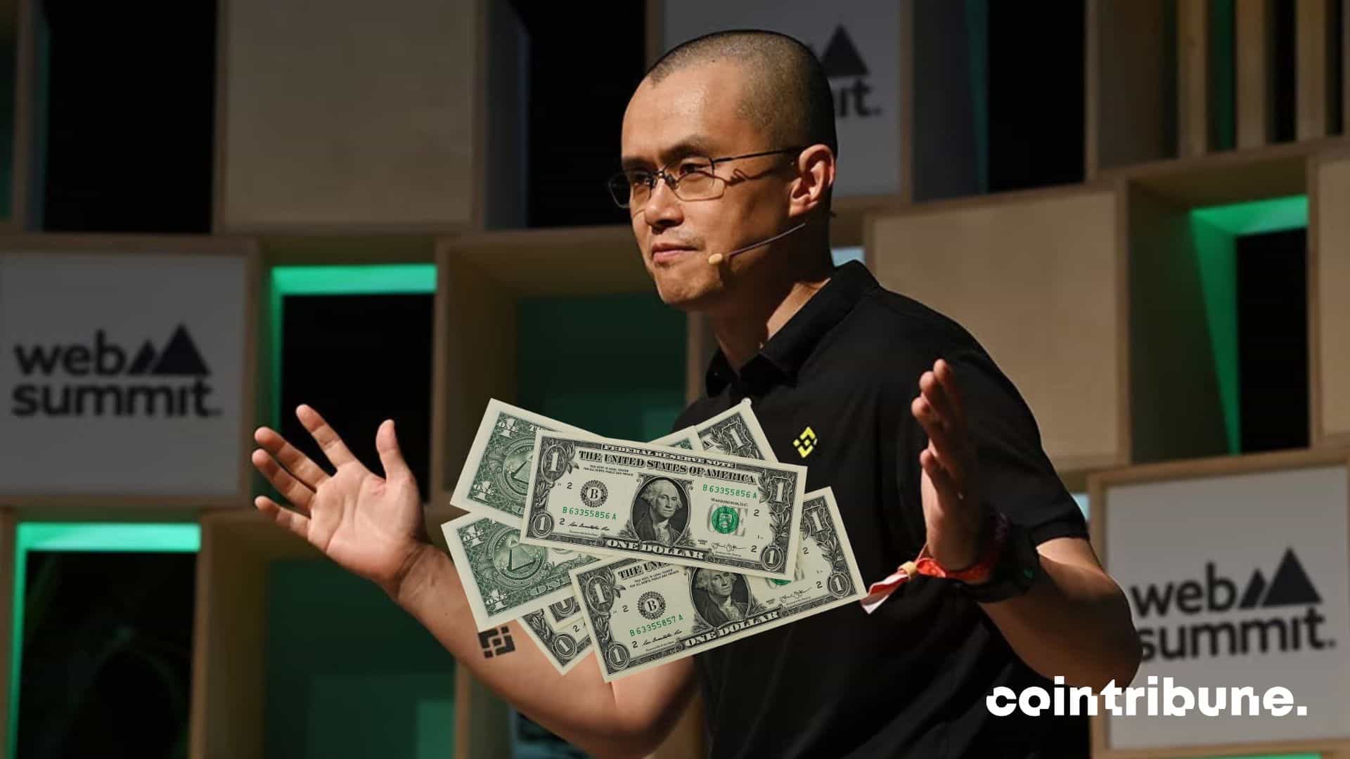 A photo of Changpeng Zhao (CZ) with dollar bills added on him