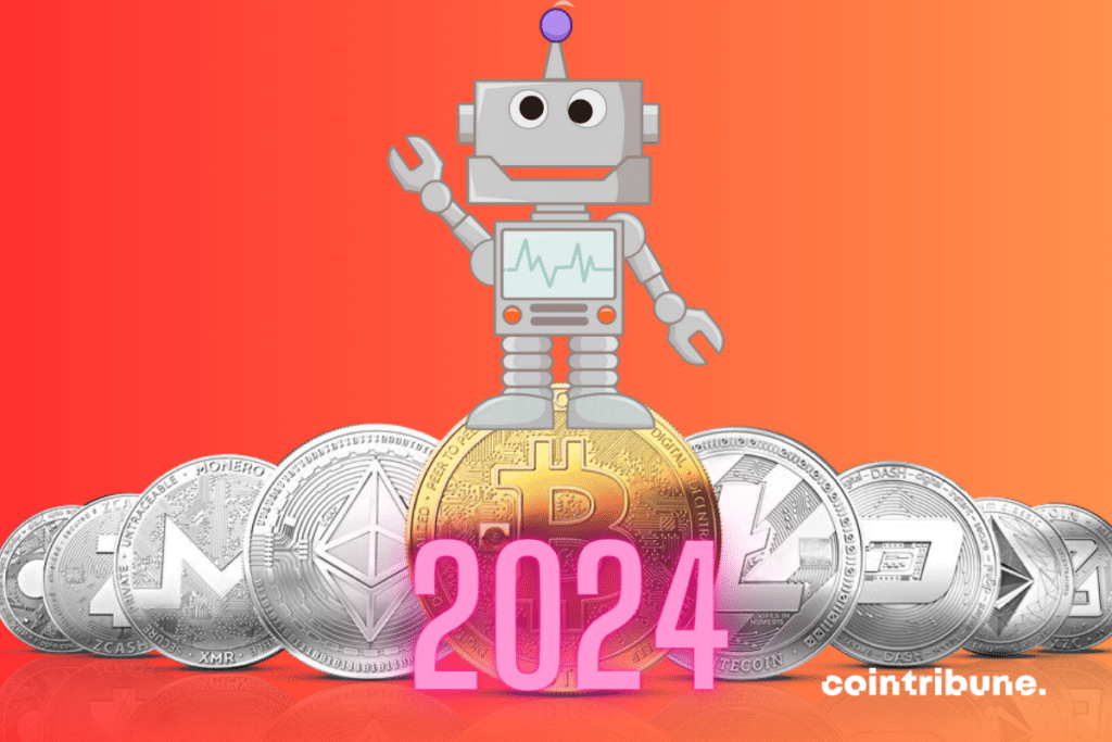 Vecteur de robot, pièces de cryptomonnaies, et mention "2024"
