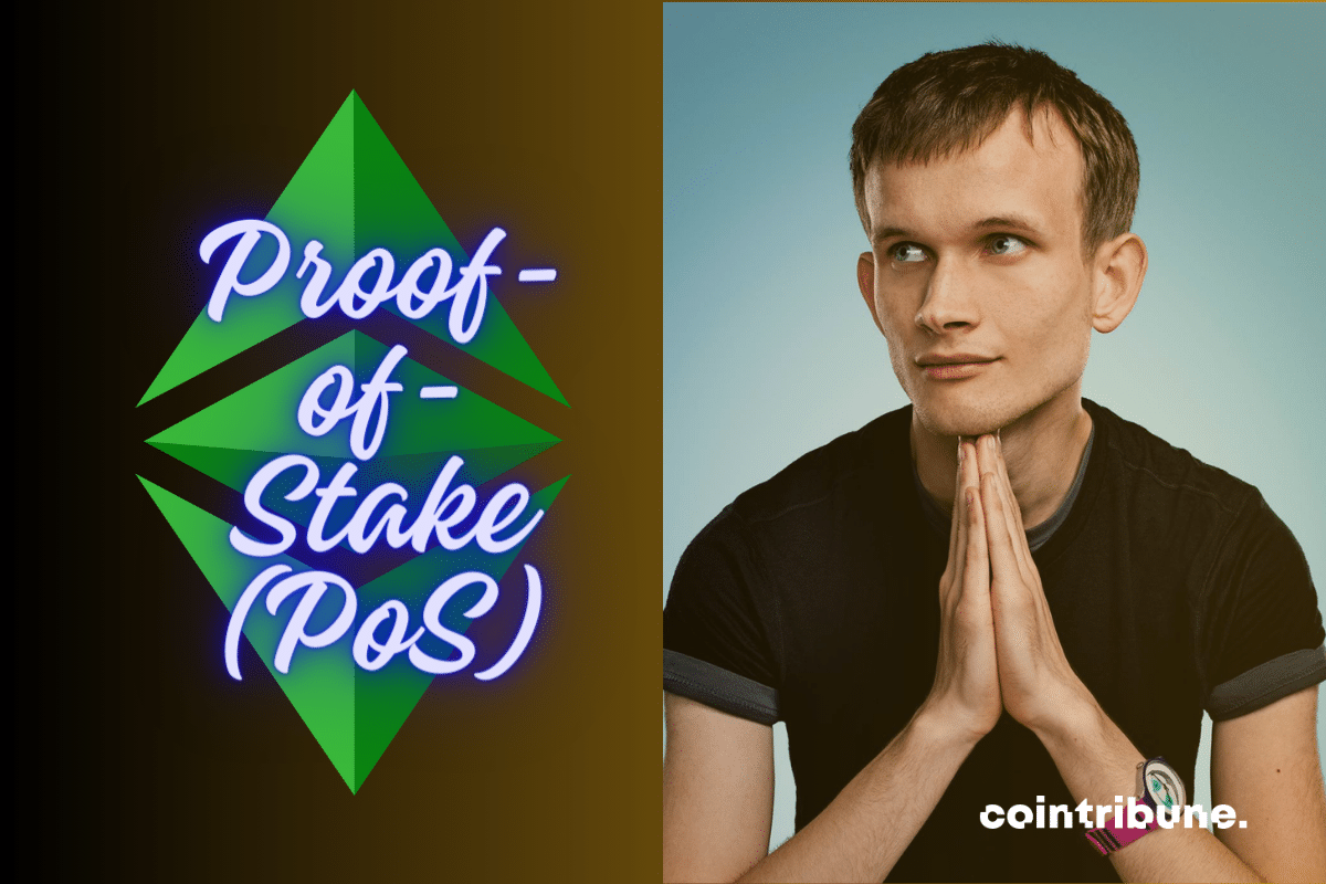 Photo of Vitalik Buterin, Ethereum logo and the words "Proof-of-Stake (PoS)".
