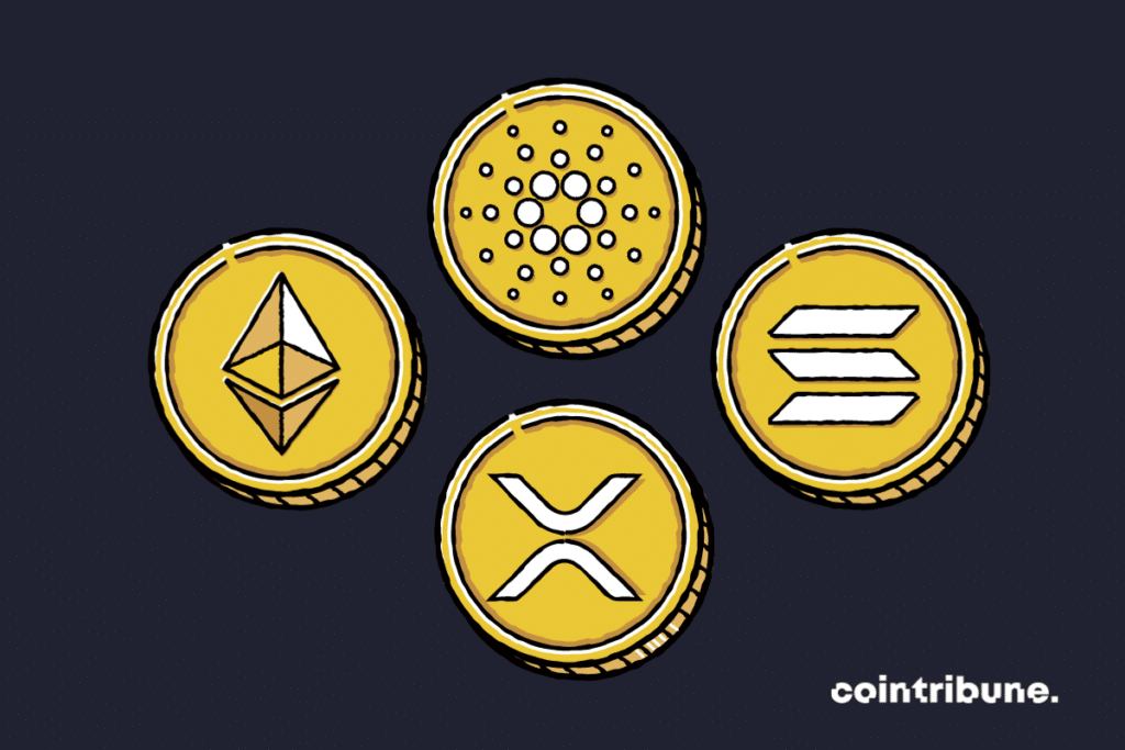 Les logos de certains altcoins dont l'ADA, le XRP, le SOL et l'ether