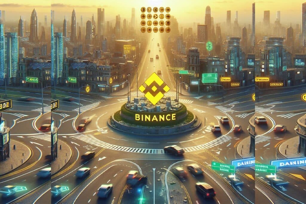 Crypto - Un carrefour Binance, avec un chemin menant vers des cryptos à l'aube.