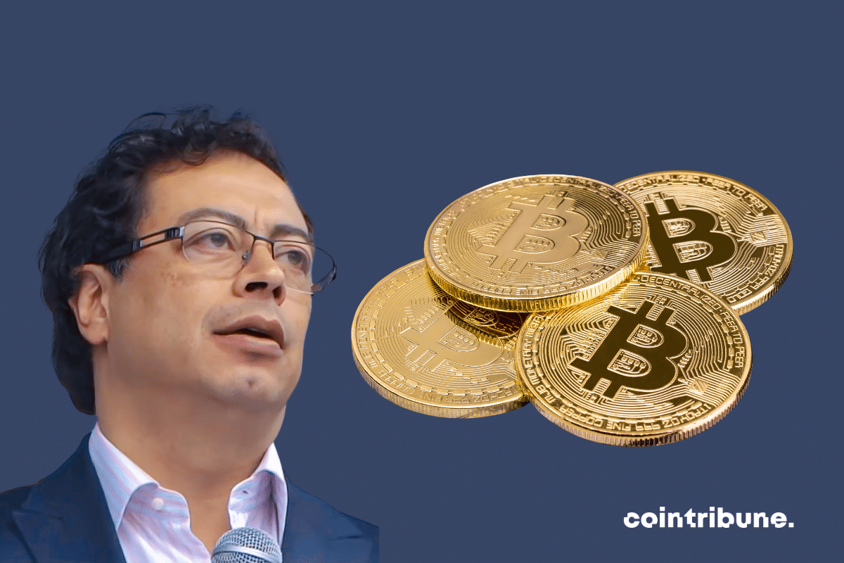 Des pièces de bitcoin et une photo du président colombien