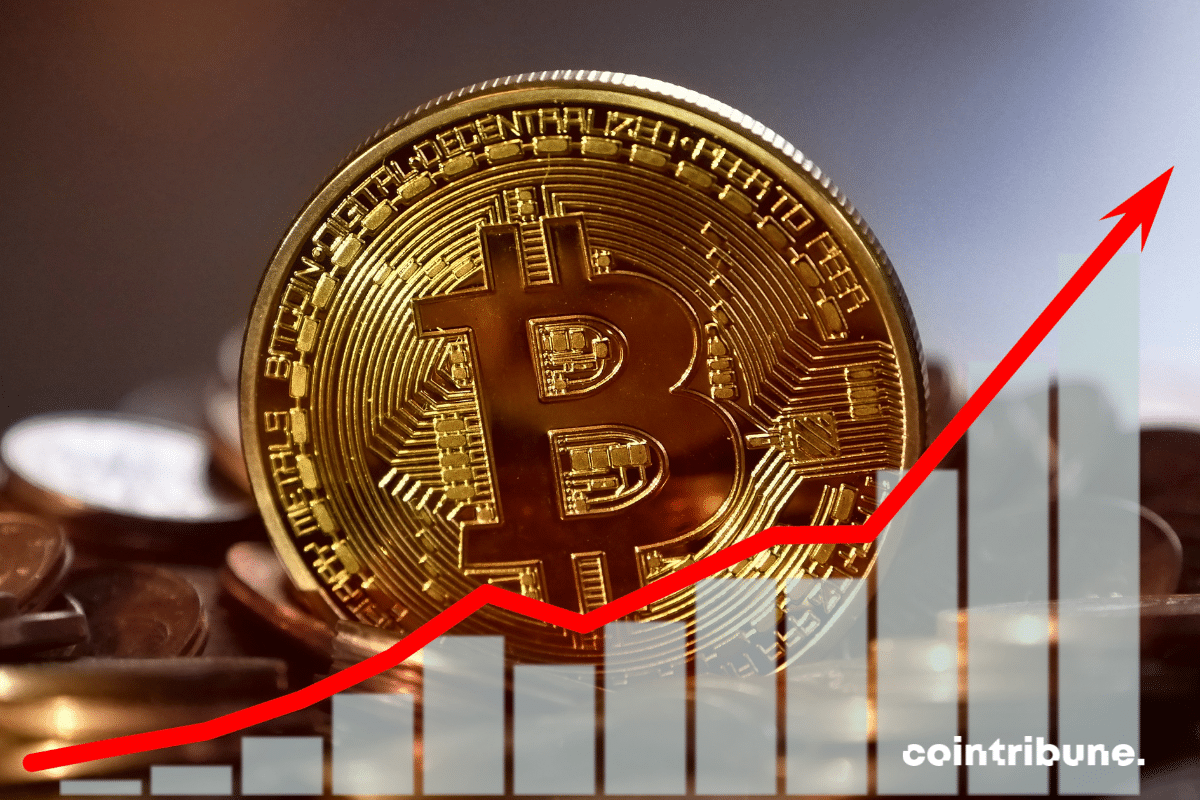 A bitcoin coin and an upward arrow