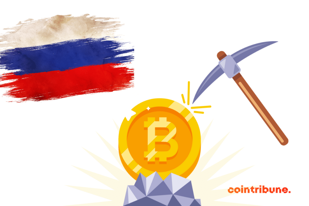 Un marteau frappant une pièce de bitcoin et le drapeau de la Russie disposé dans l'angle supérieur droit