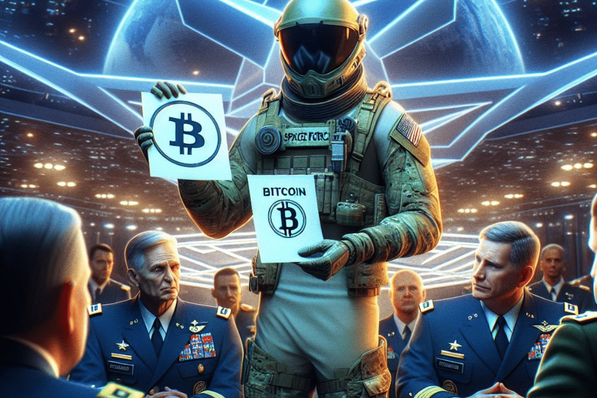 Un officier militaire americain en uniforme de la space force remet une lettre Bitcoin a un groupe de generaux du Pentagone
