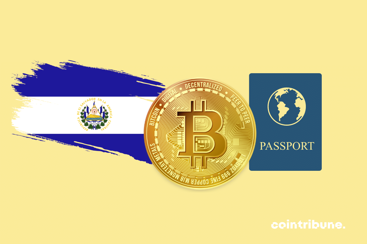 Une pièce de bitcoin, la crypto phare, le drapeau du Salvador et un passeport