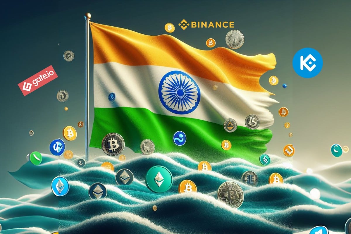 Crypto : un drapeau de l'Inde avec des cryptos et le logo de 3 exchanges (Binance, Gate.io, KuCoin)