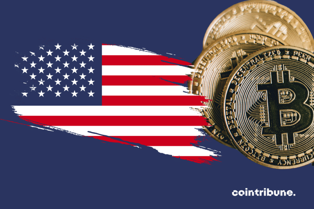 Des pièces de cryptos et le drapeaux des USA
