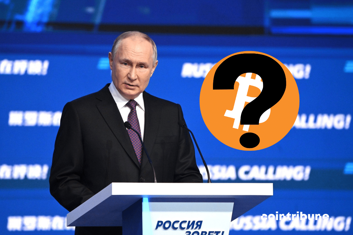 Photo of Vladimir Putin with bitcoin logo and question mark