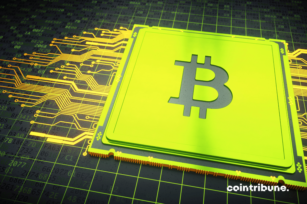 Le logo du bitcoin inscrit en vert, couleur symbolique de l'écologie sur un matériel de minage crypto