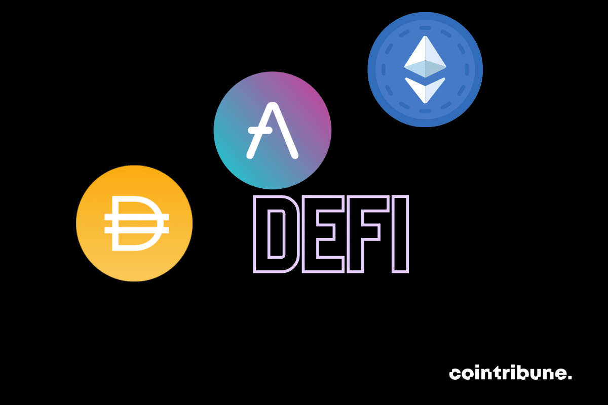 Images portant la mention "DeFi", le logo d'Ethereum et de certaines protocoles DeFi