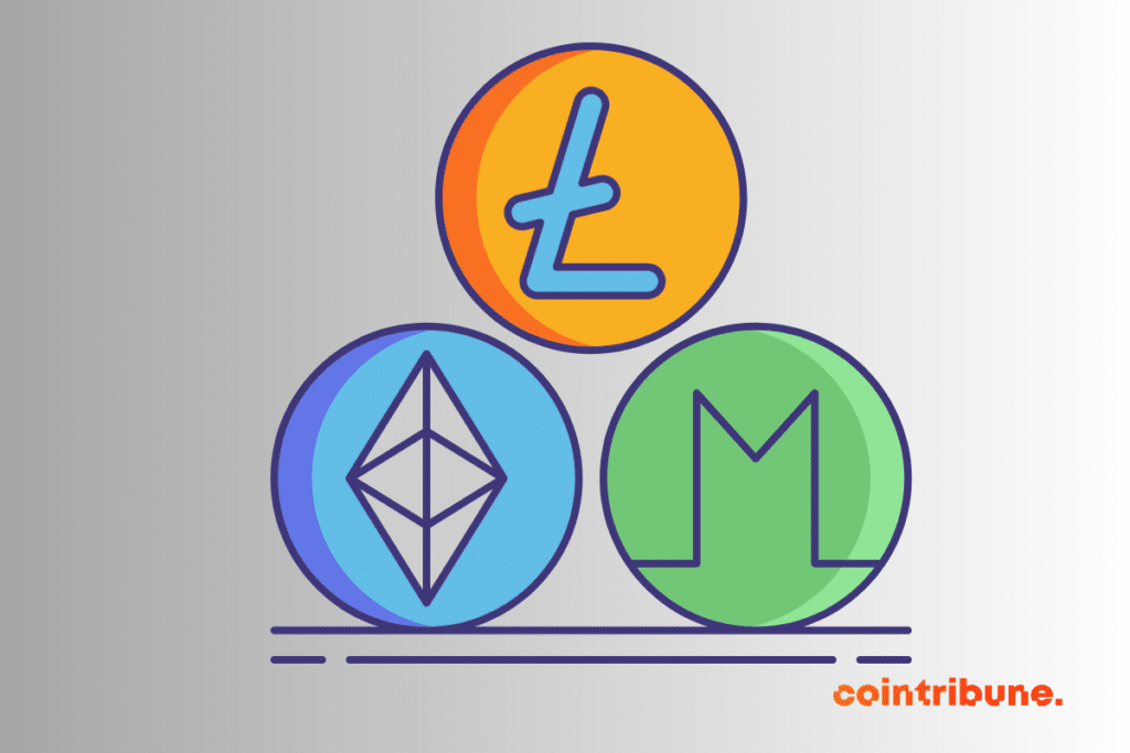 Logos de trois altcoins populaires