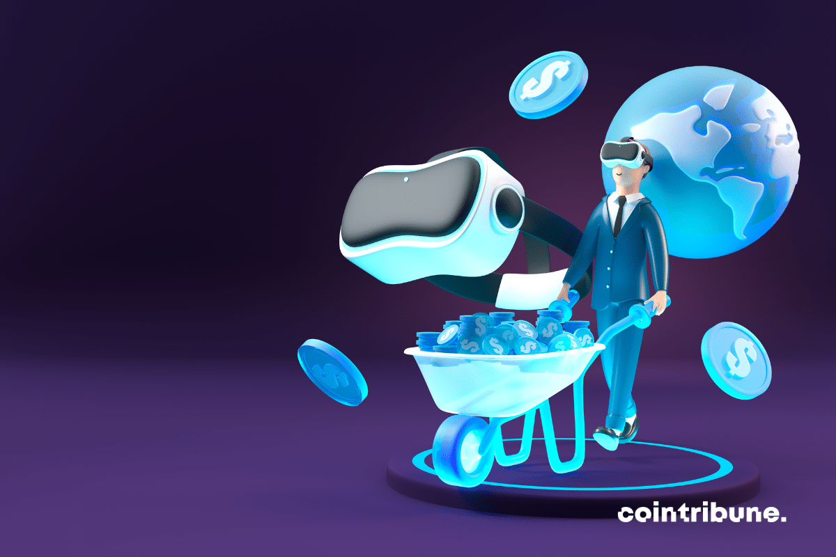 Un investisseur portant son casque VR et transportant les cryptomonnaies gagnées grâce au metaverse