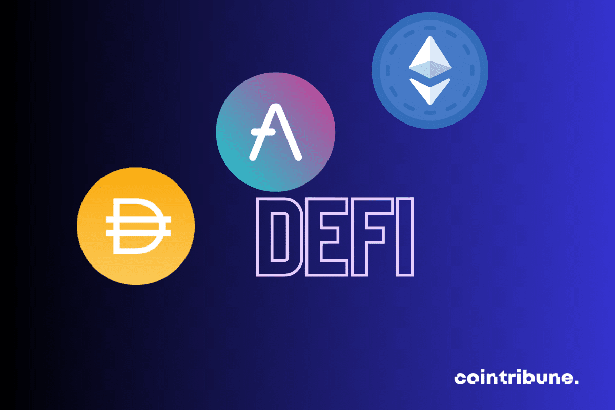 La mention "DeFi", le logo d'Ethereum et de certains protocoles DeFi