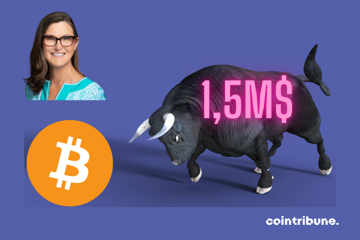 Photos de bull et de Cathier Wood, logo de Bitcoin et mention "1,5M$"