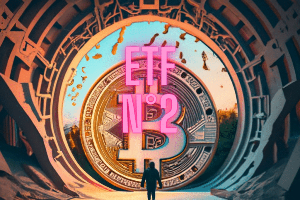 Pièce géante de bitcoin vu dans un tunnel, et mention "ETF N°2"