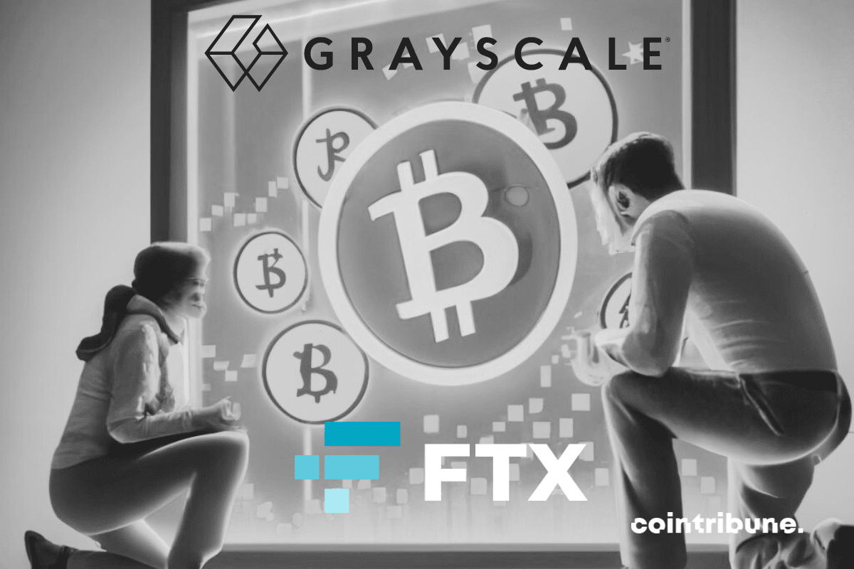 Graphiques de marché du bitcoin et personnes à genoux, logos de Grayscale et FTX
