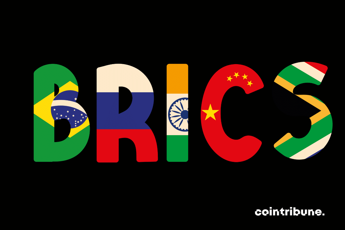 Inscription BRICS formée avec les drapeaux des pays membres de l'alliance