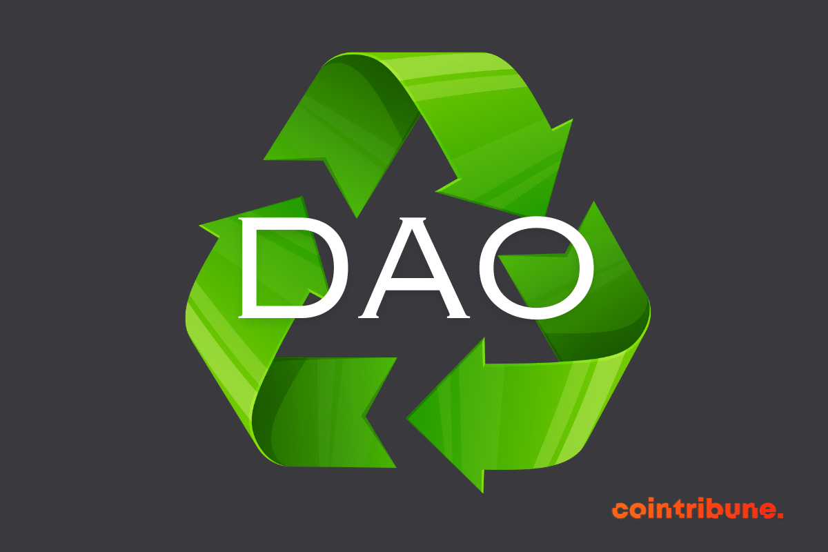 La mention "DAO" inscrite en blanc avec en fond, un ruban de Möbius, symbole du recyclage