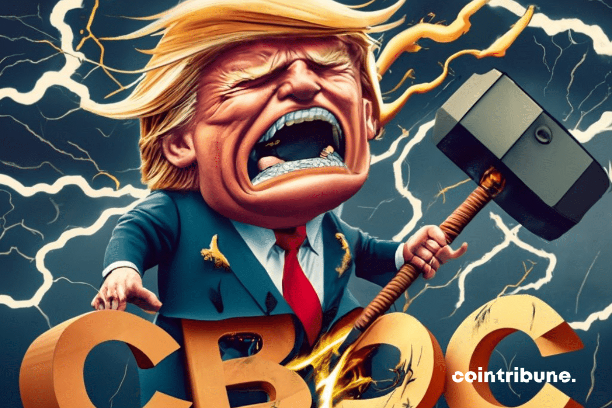 Photo de Donald Trump tenant le marteau de Thor et en rage contre les CBDC