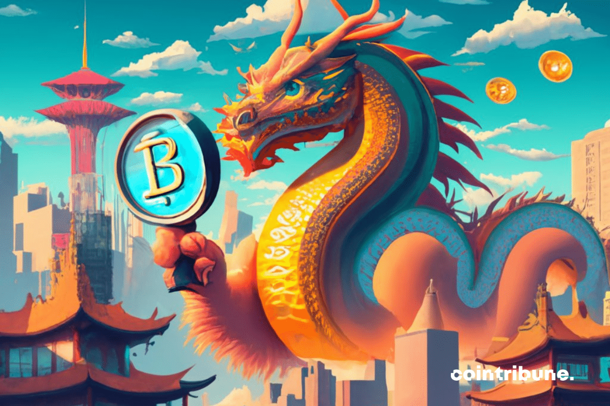 Dragon tenant dans ses mains une loupe avec logo de bitcoin