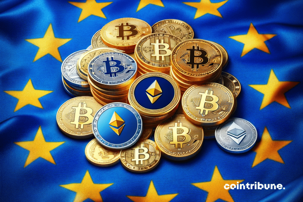 Drapeau de l'UE avec des pièces de crypto