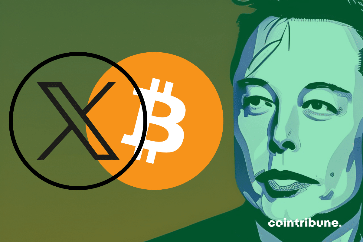 Photo d'Elon Musk, logos de bitcoin et de X