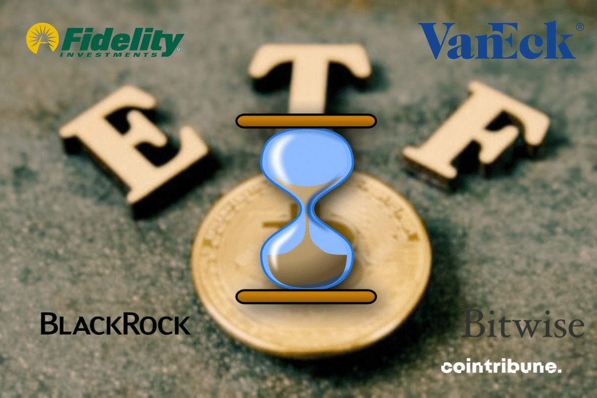 Bitcoin ETF vector, logos of VanEck, Bitwise, BlackRock and Fidelity