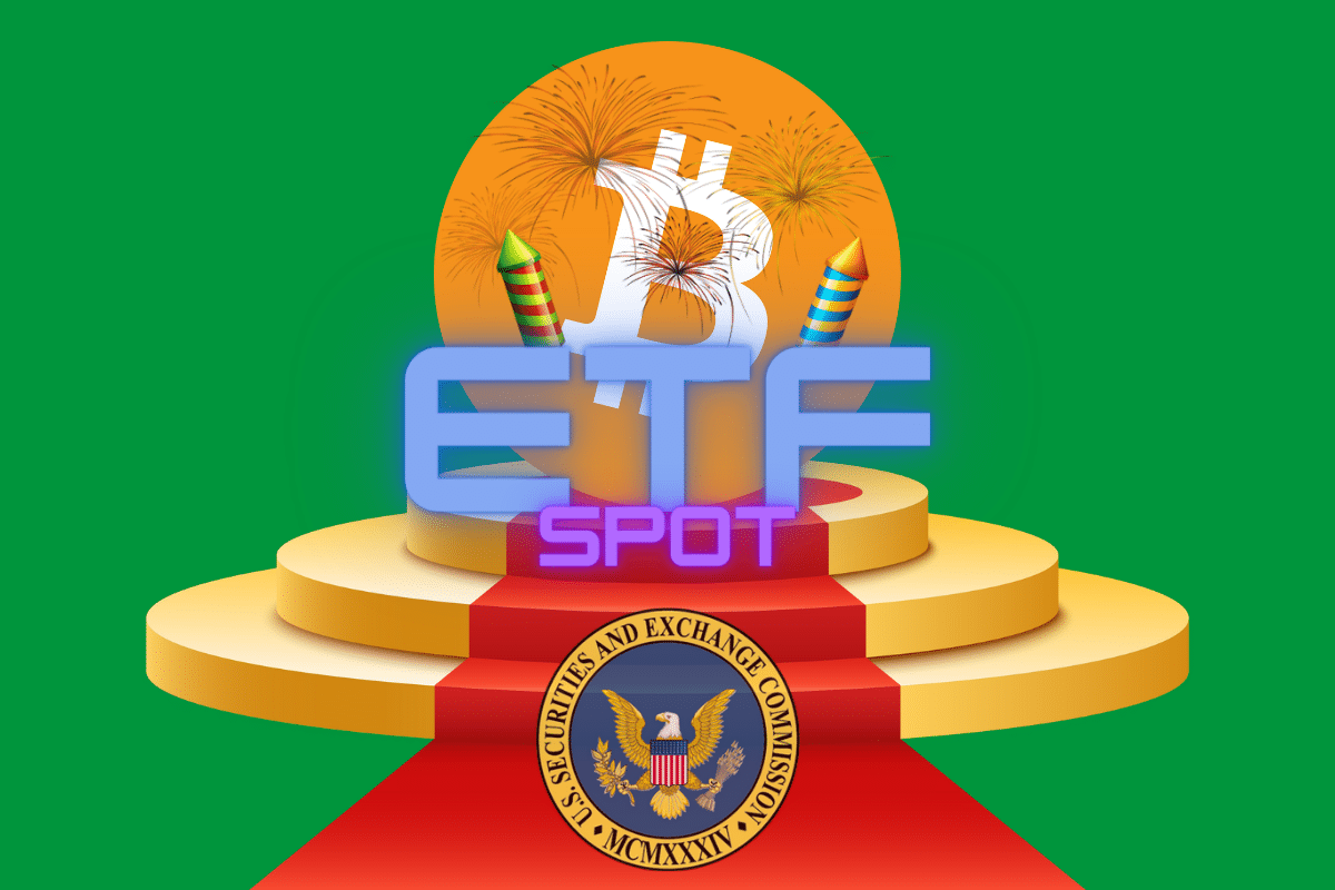 Images de podium et de feux d'artifice, logos de bitcoin et de la SEC, mention "ETF Spot",