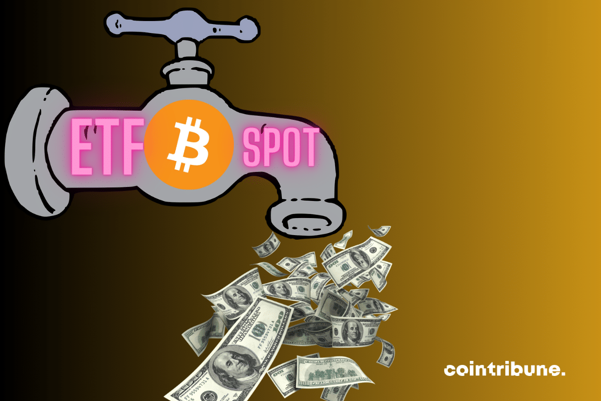 Vecteur robinet, mention "ETF Spot", logo de bitcoin, billets de dollars