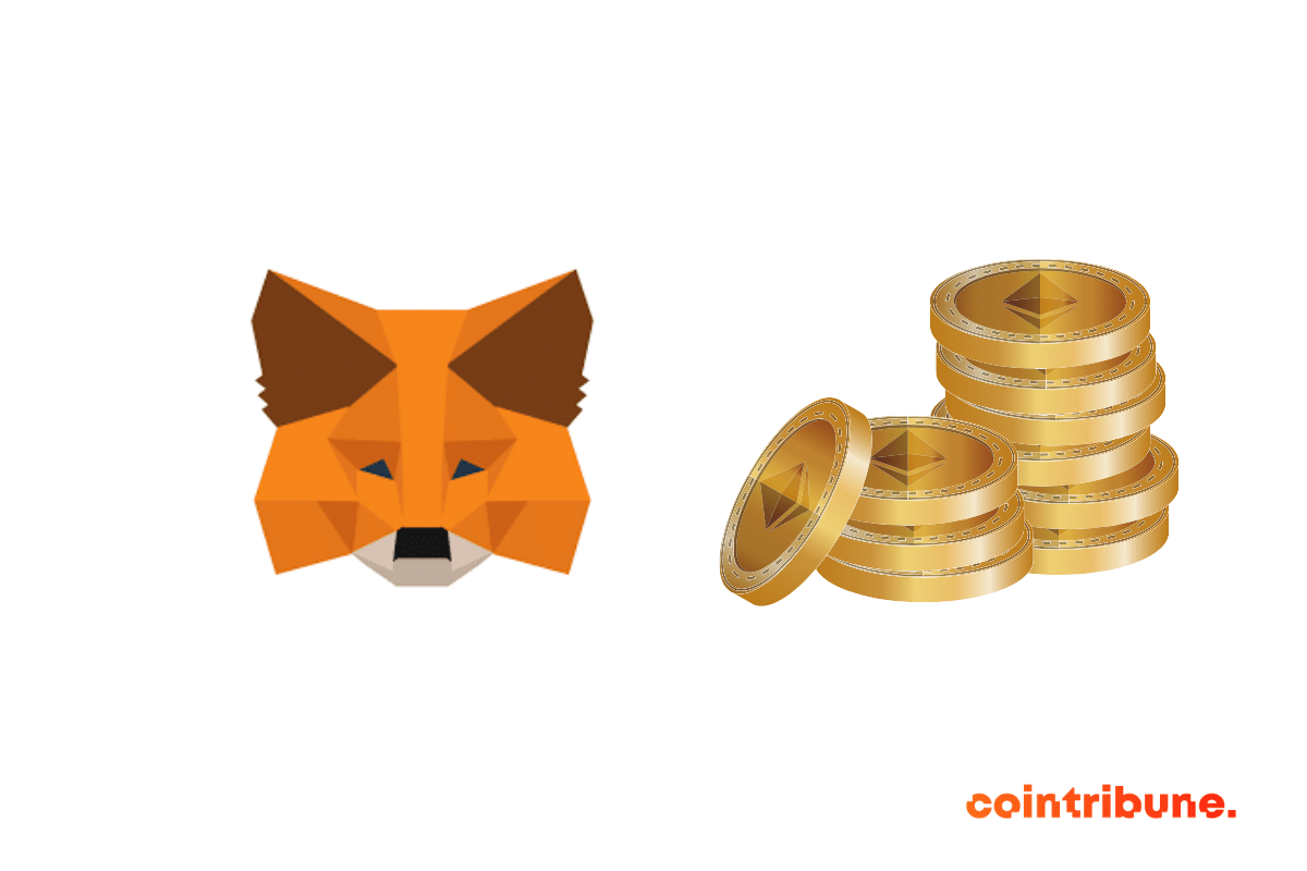 Des cryptos Ethereum et le logo de MetaMask