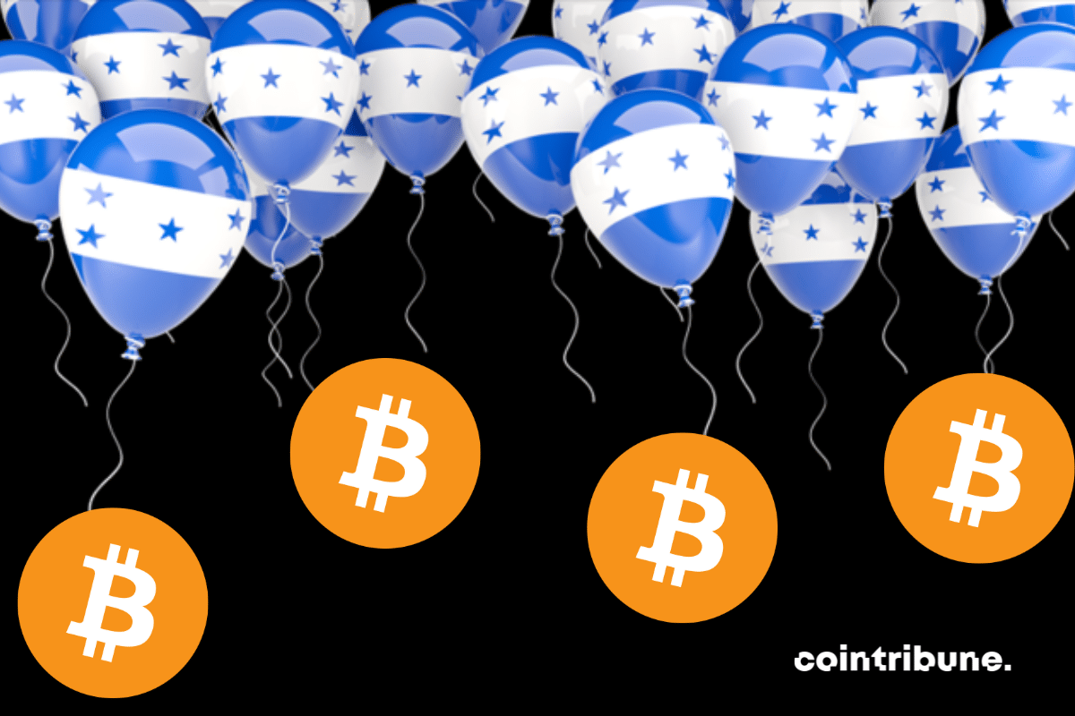 Drapeau du Honduras sous formes de ballons, logos de bitcoin