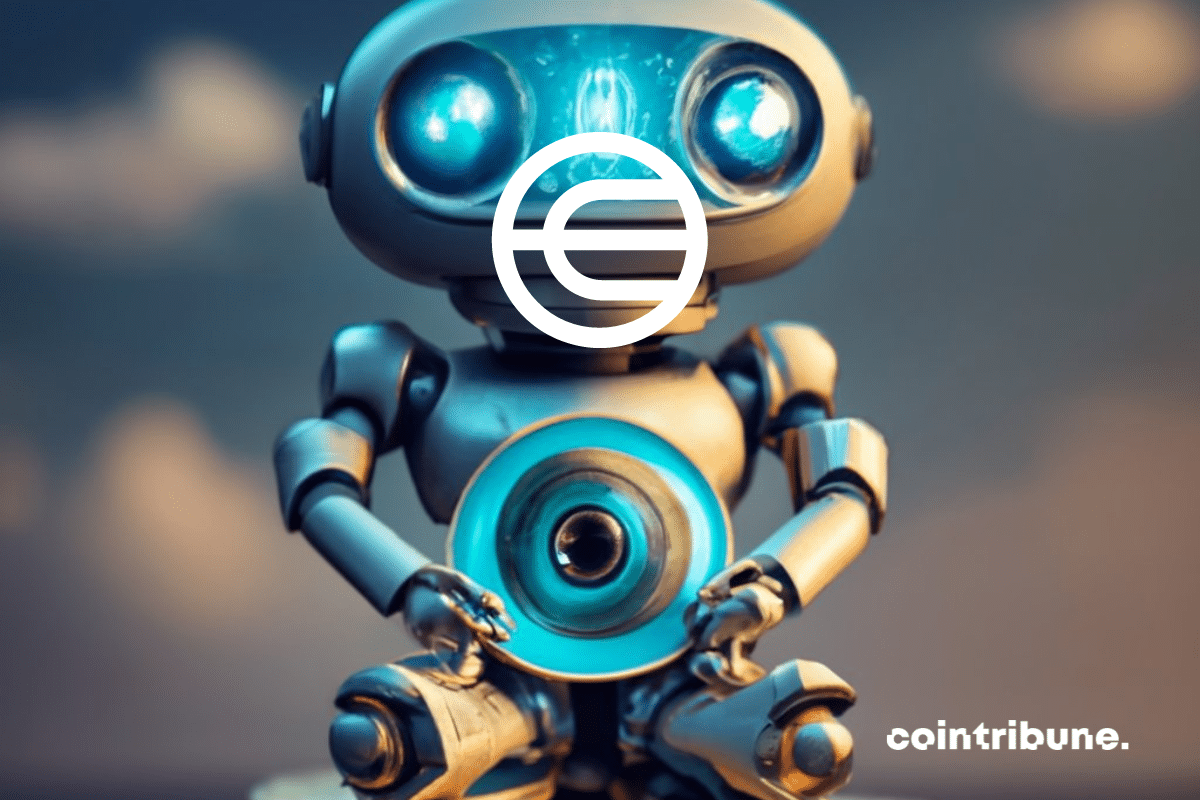 Robot tenant un oeil entre ses mains, logo de Worldcoin
