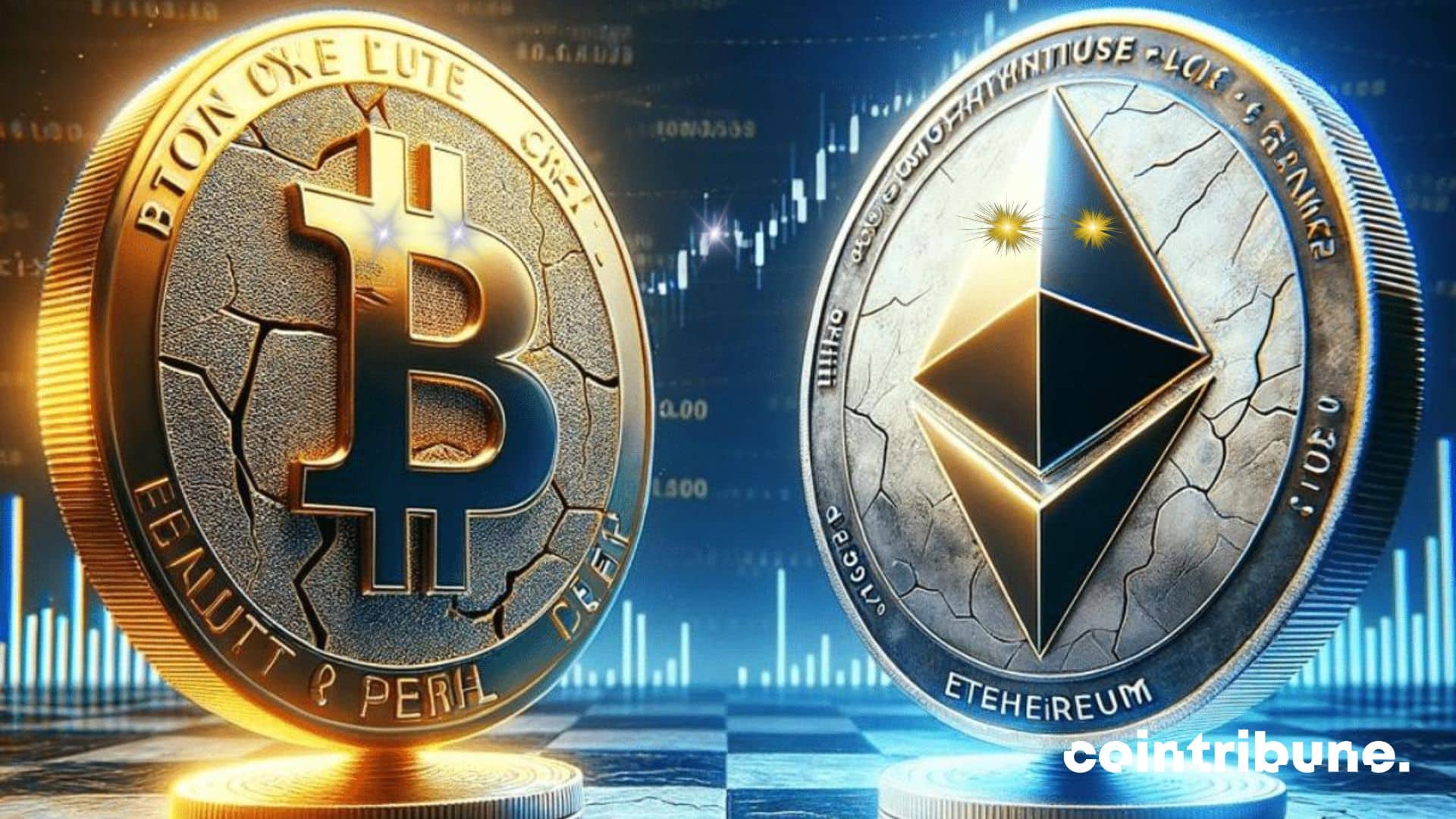 bitcoin et ethereum posés sur des pièces devant un graphique